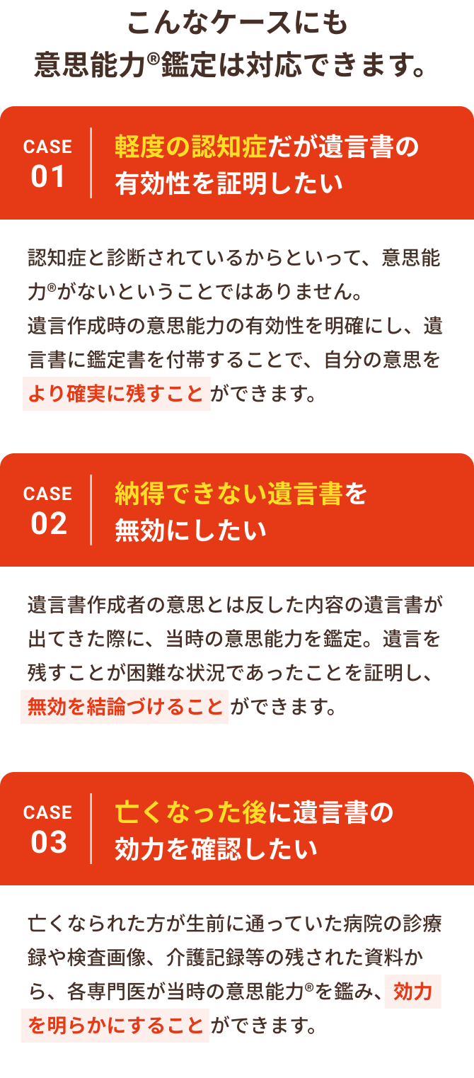 こんなケースにも意思能力®鑑定は対応できます。CASE01軽度の認知症だが遺言書の有効性を証明したいCASE02納得できない遺言書を無効にしたい CASE03亡くなった後に遺言書の効力を確認したい